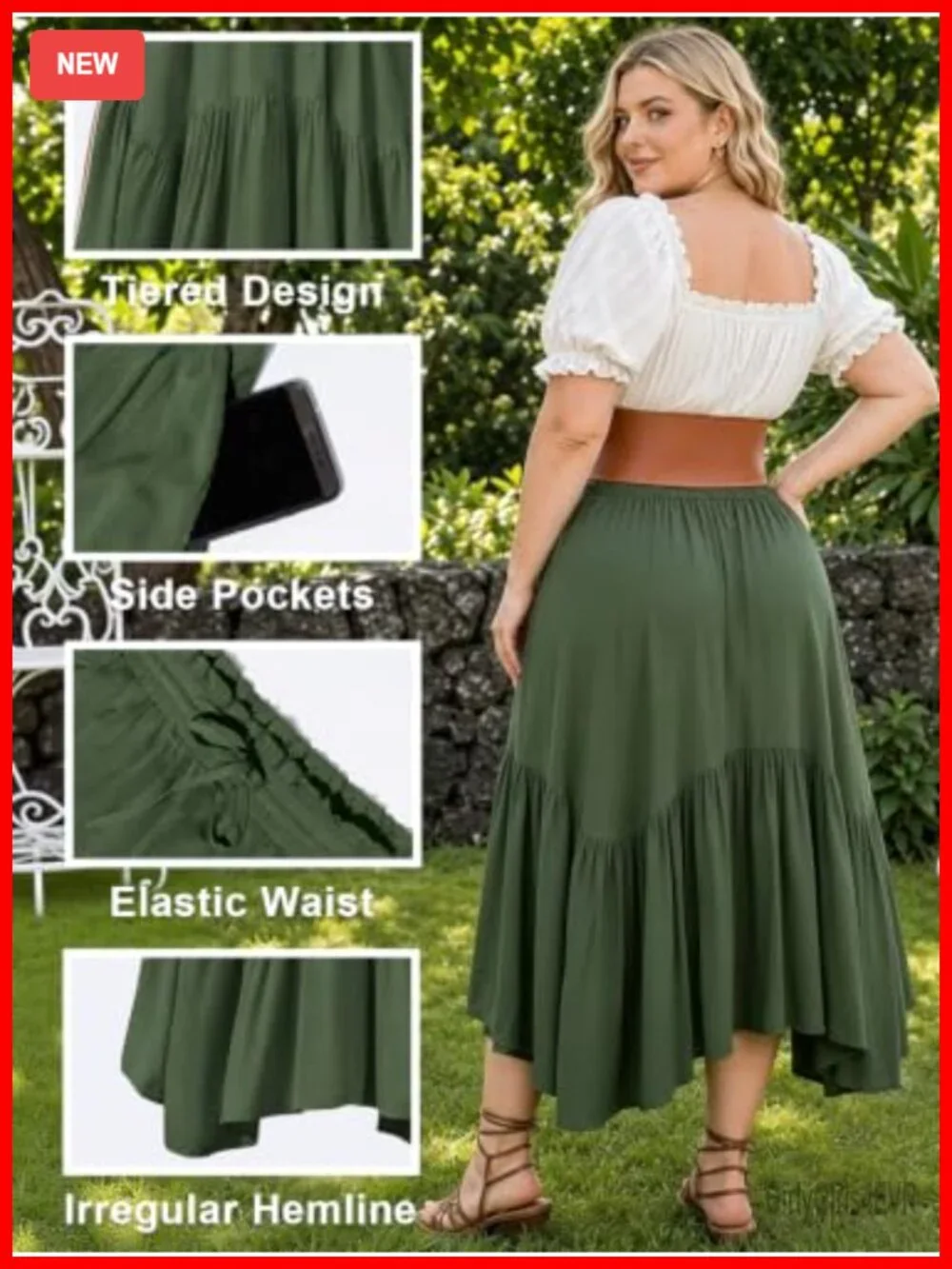 Plus Size Maxi Skirt High Waisted Ruffle A-Line Asymmetric with Pockets